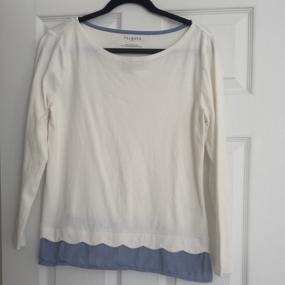 Talbots Women's Ivory and Light Blue Long Sleeve Top